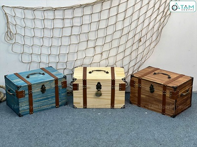 Rương gỗ viền da đinh tán 3 quai [03 Màu - Tặng ổ khóa] KT30x20x18cm RUONG-GO-04